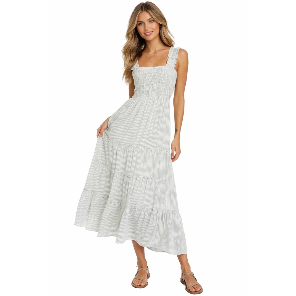 NWOT‎ New Lucy Paris Striped Smocked Tiered Maxi Dress Pastel Green White S